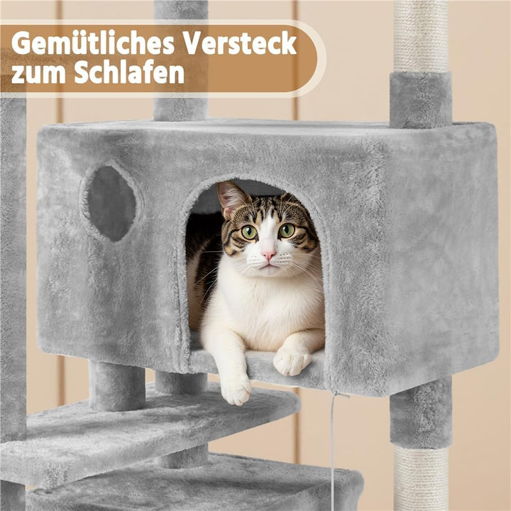 Yaheetech 158 cm Kratzbaum gross Stabiler Katzenbaum mit 2 Höhlen hellgrau | FSC-zertifizierte Spanp