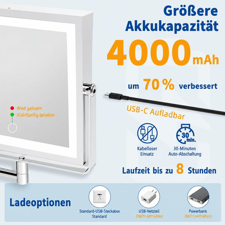 Ruacq Wiederaufladbarer Wand-Make-up-Spiegel mit Beleuchtung, doppelseitig, 1-fach/10-fache Vergröss
