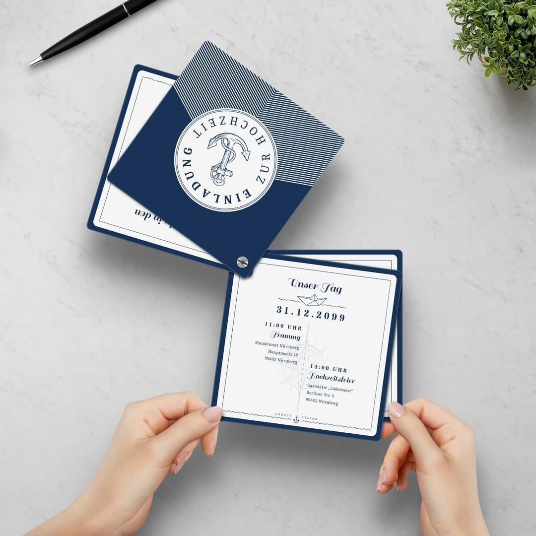 10 x Fächerkarten Hochzeitseinladungen individuell mit Ihrem Inhalt - Maritim, 10