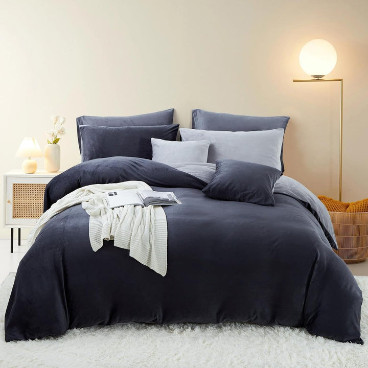Freyamy Plüsch Bettwäsche 200x200cm 3Teilig Dunkelgrau Grau Samt Biber Cashmere Touch Winterbettwäsc