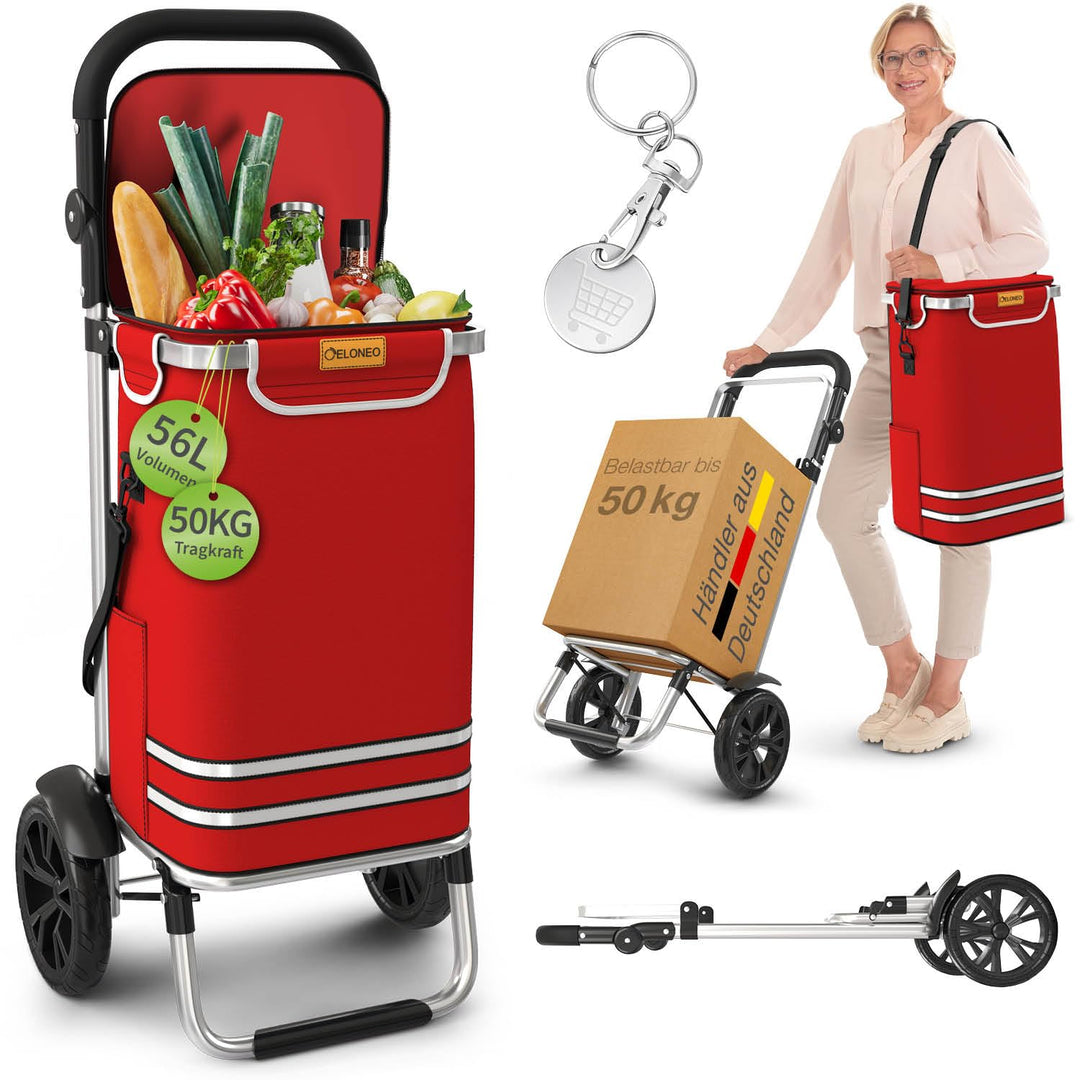 ELONEO Einkaufstrolley klappbar, Einkaufswagen mit Kühlfach, 3in1 Trolley, Sackkarre & Umhängetasche