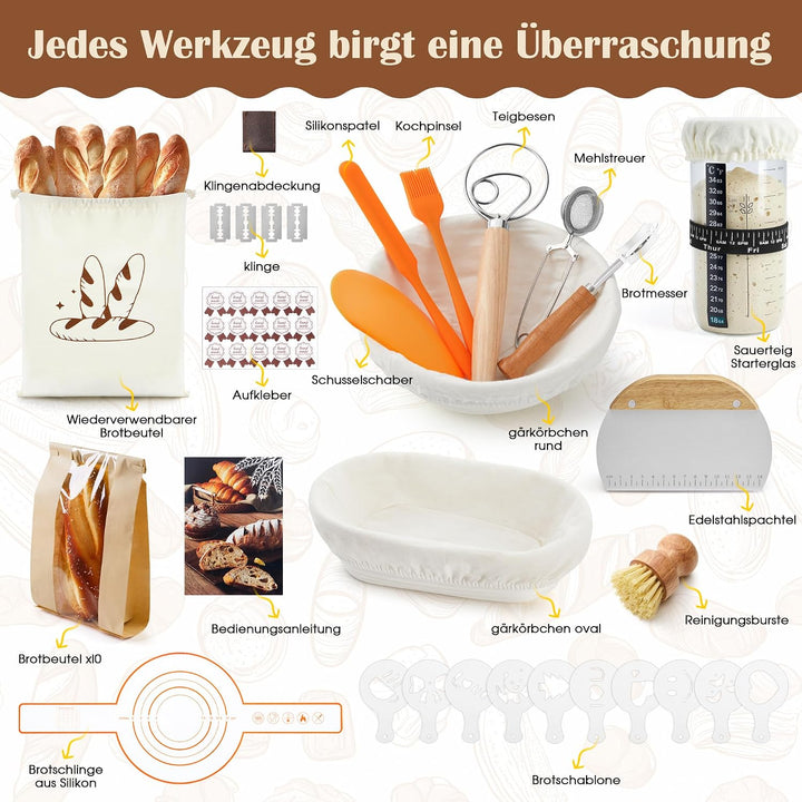 VIcus Sauerteig Starter Set, Gärkörbchen Rund &amp; Oval, Brotbackzubehör Für Sauerteigbrot, Komplettes