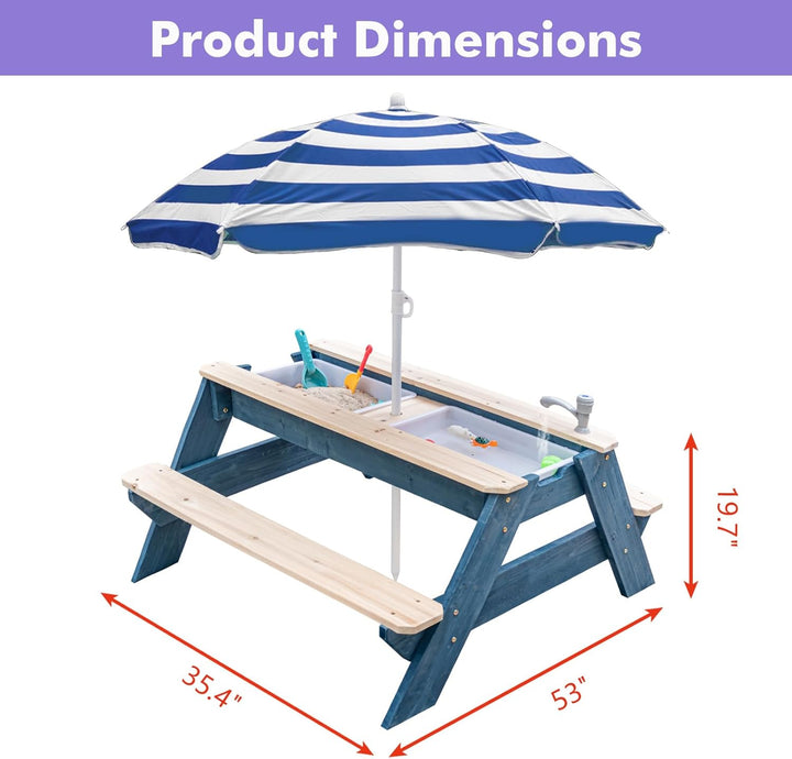 Kids 3-in-1 Sand- und Wasser-Aktivitätstisch, Holz, Outdoor, wandelbarer Picknicktisch mit Regenschi