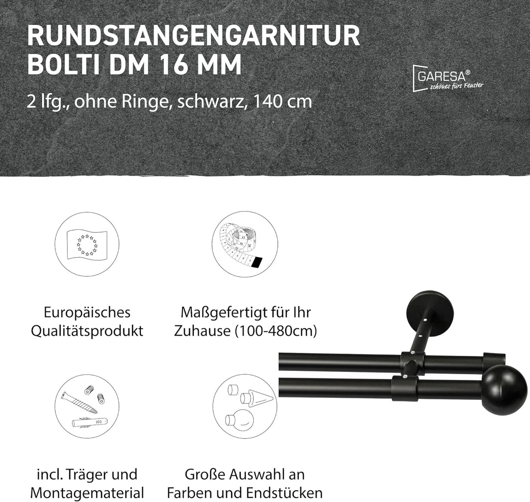 Garesa Gardinenstange Bolti Ø 16mm, 2-läufig, Schwarz I Stabile Vorhangstange ohne Ringe I Mit Endkn