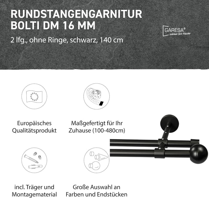 Garesa Gardinenstange Bolti Ø 16mm, 2-läufig, Schwarz I Stabile Vorhangstange ohne Ringe I Mit Endkn