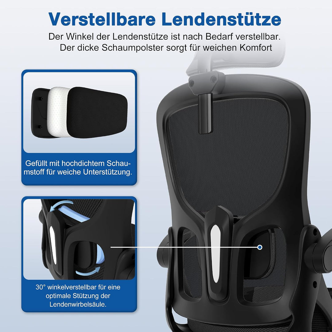Bürostuhl,Bürostuhl Ergonomisch mit Verstellbarer Kopfstütze,Armlehnen und Lendenwirbelstütze, Schre