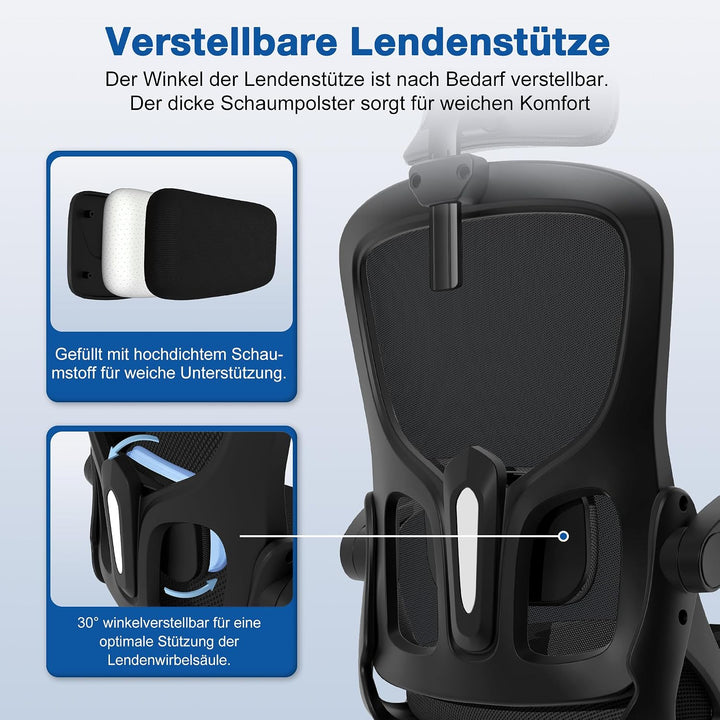 Bürostuhl,Bürostuhl Ergonomisch mit Verstellbarer Kopfstütze,Armlehnen und Lendenwirbelstütze, Schre