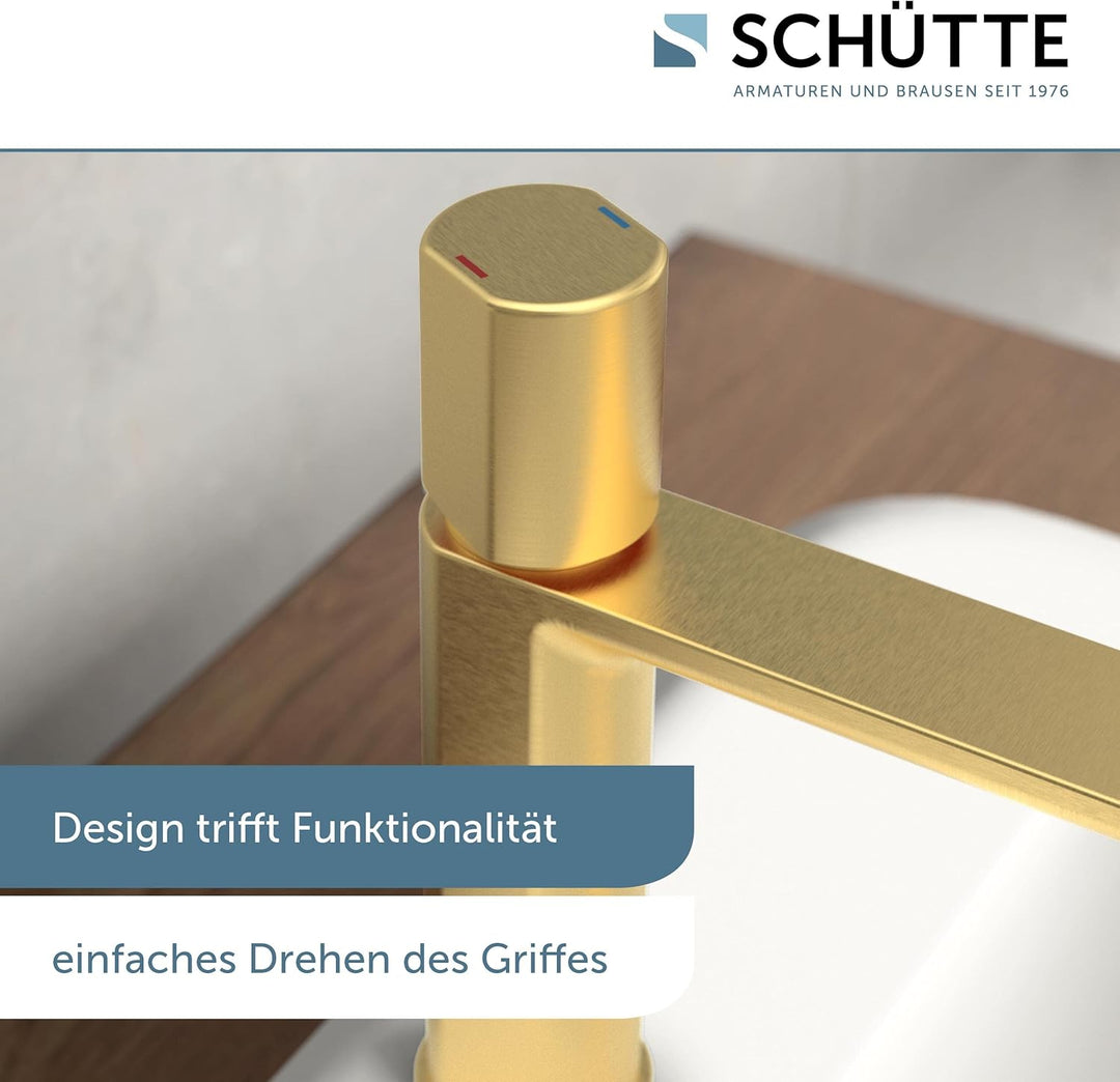 Schütte 33617 NEW YORK Waschtischarmatur Gold mit Ablaufgarnitur, Mischbatterie mit Pop-Up Ventil, B