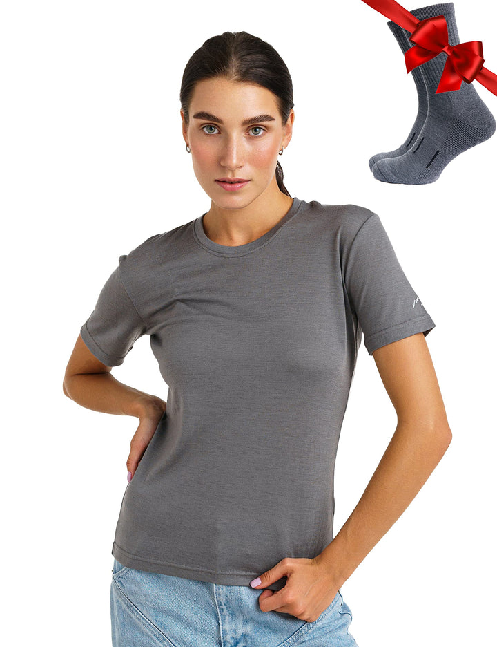 Merino.tech 100% Merino Shirt Damen Wandern &amp; Alltag + Wandersocken L Perfektes Grau, L Perfektes Gr