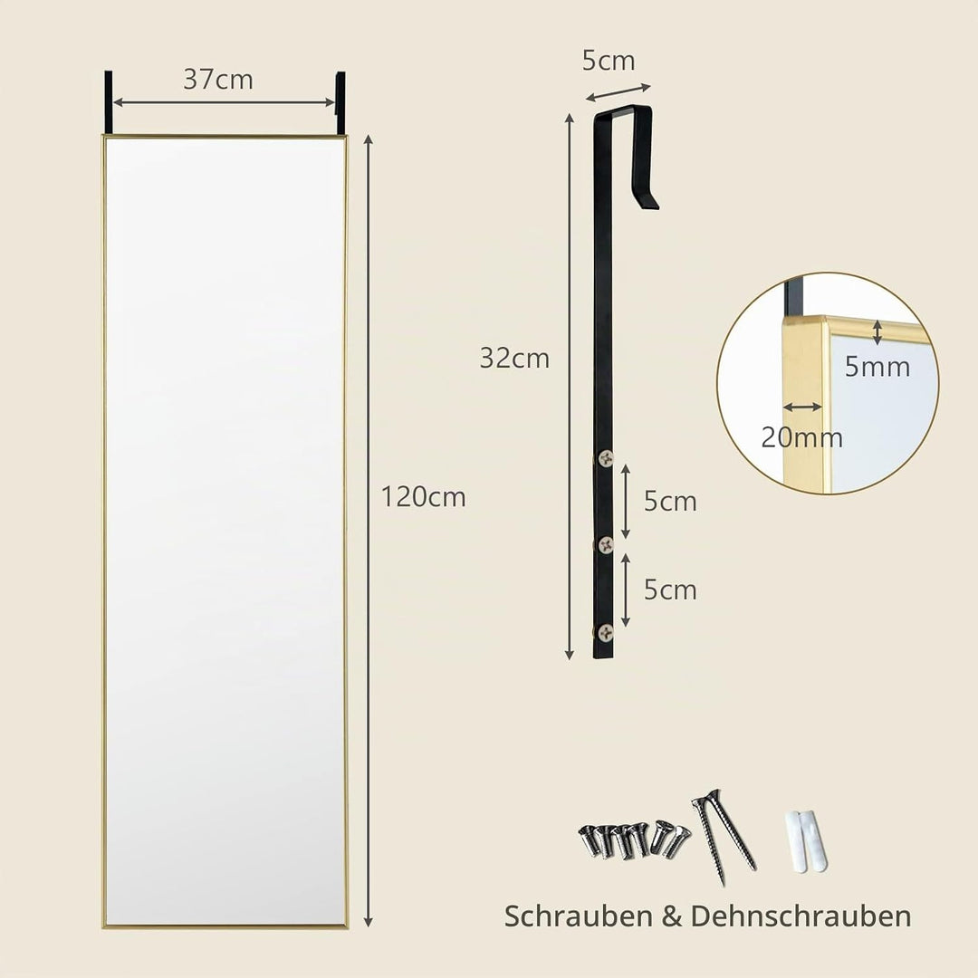 HOMASIS 2 in 1 Wandspiegel &amp; Türspiegel 37x120cm, Spiegel mit mit 2 Haken &amp; Metallrahmen, Ganzkörper