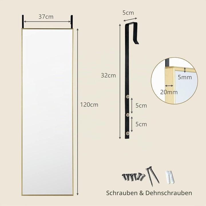 HOMASIS 2 in 1 Wandspiegel &amp; Türspiegel 37x120cm, Spiegel mit mit 2 Haken &amp; Metallrahmen, Ganzkörper