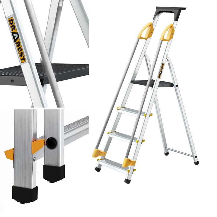 DRABEST Leiter PRO Serie Alu Klaptritt 4 Stufen Klappbare Leiter mit Sicherheits Handläufen bis 150