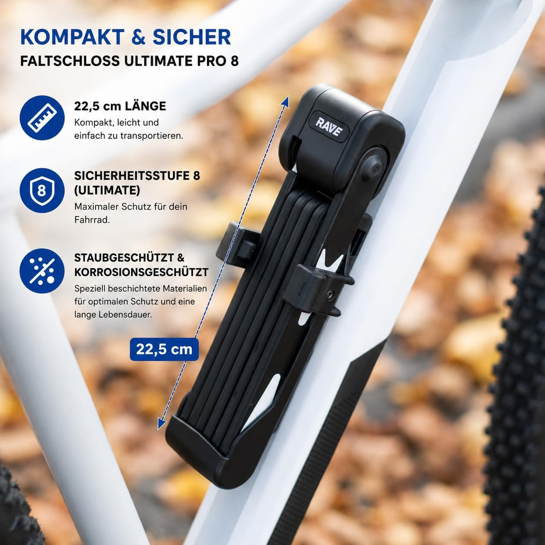 RAVE Fahrradschloss Faltschloss Ultimate Pro 8 mit Schlüssel inkl. Halterung Länge 95 cm schwarz