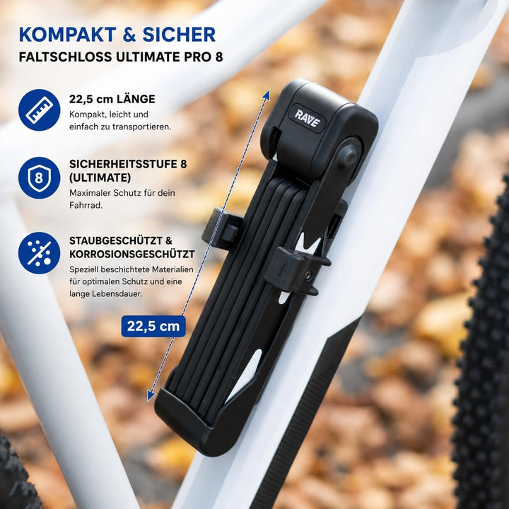 RAVE Fahrradschloss Faltschloss Ultimate Pro 8 mit Schlüssel inkl. Halterung Länge 95 cm schwarz