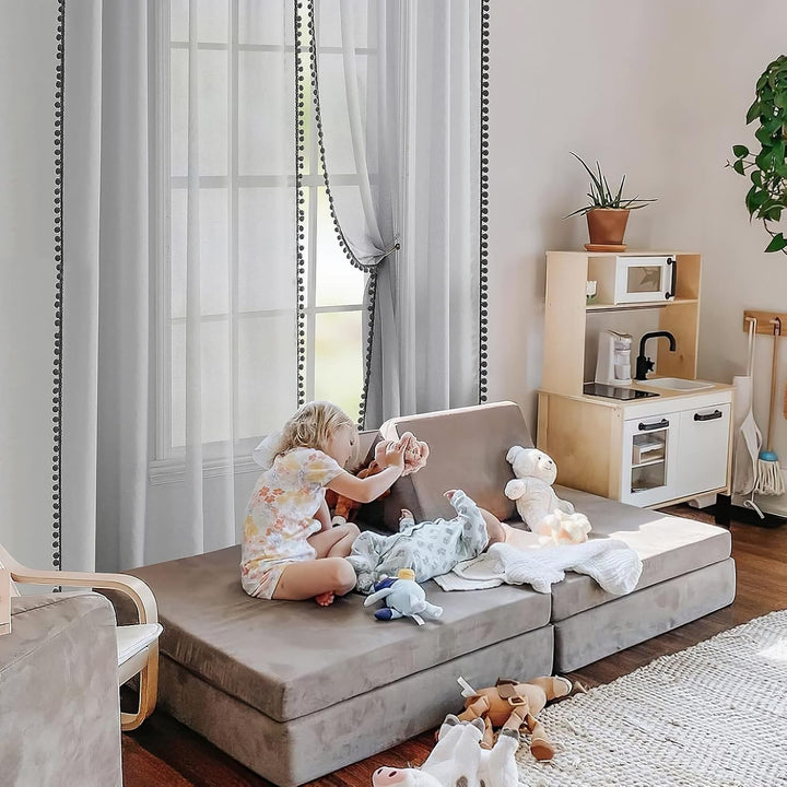 MIULEE Gardinen mit Pompons-Hübsche Grau Transparent Gardinen für Kinderzimmer Mädchen, 2 Stücke Vor