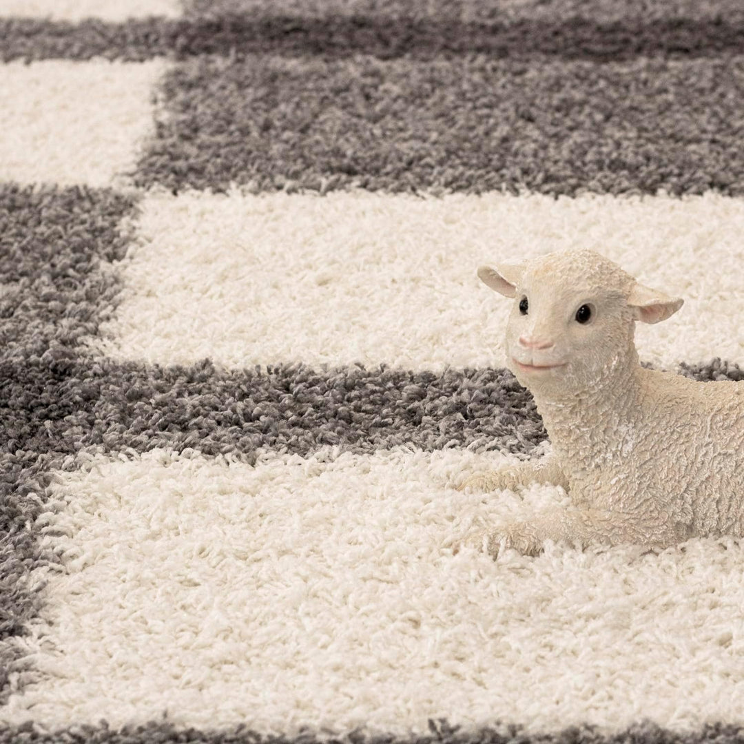 Carpetsale24 Teppich Wohnzimmer Moderne Kariert Design Shaggy Flokati 280 x 370 cm Hellgrau-Creme -