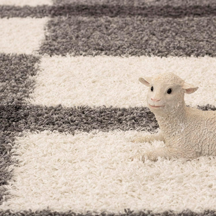 Carpetsale24 Teppich Wohnzimmer Moderne Kariert Design Shaggy Flokati 160 cm Rund Hellgrau-Creme - H