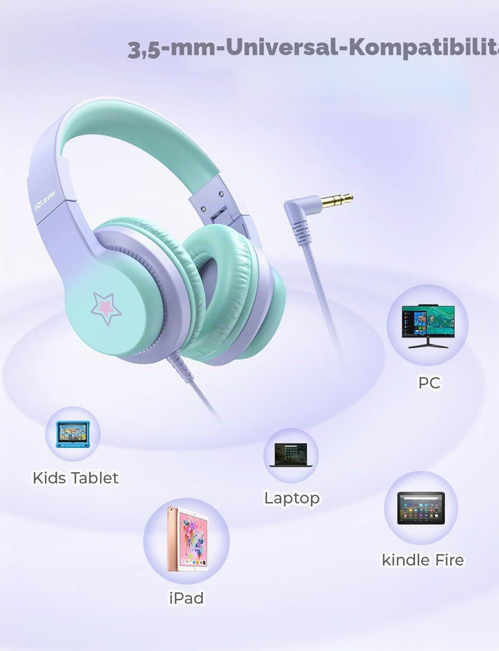 iClever Kinder Kopfhörer, Kinderkopfhörer mit Kabel 85dBA Sichere Lautstärke, HS19S Stereo-Sound Ove