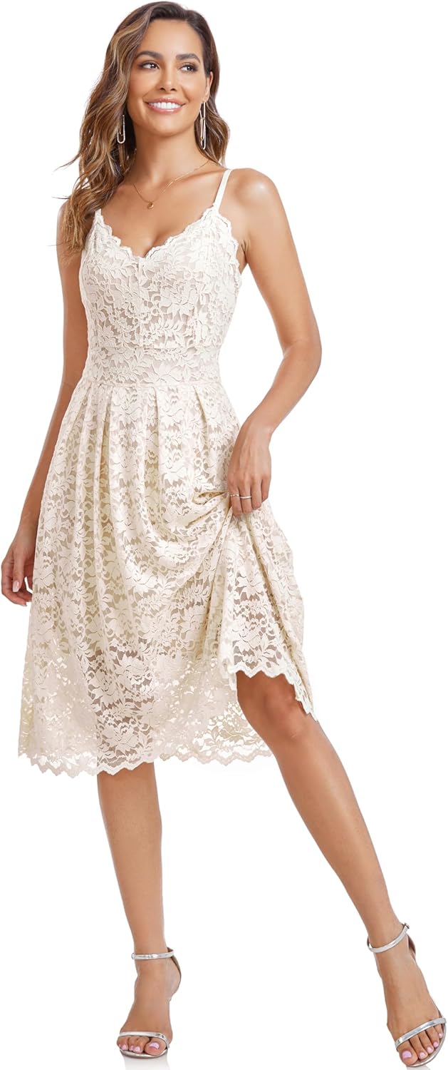 Atnlewhi Damen Vintage ärmellosen V-Ausschnitt A-Linie Kleid Blumen Knielang Spitzenkleid Brautjungf