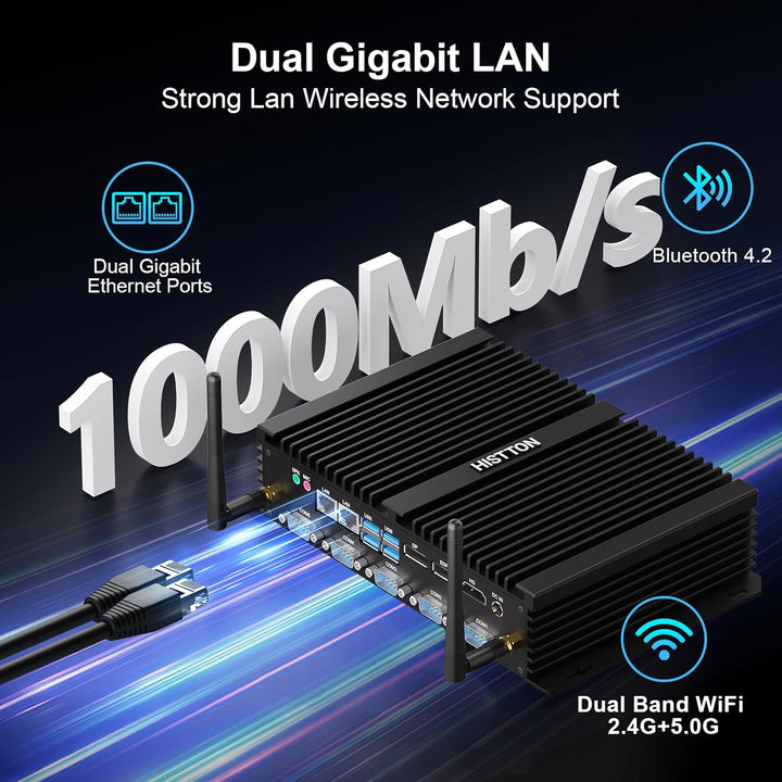 HISTTON Mini PC Lüfterlos Industrie PC Quad Core i7-8550U DDR4 16GB RAM 512GB SSD, 4 RS232 COM+2 RS2
