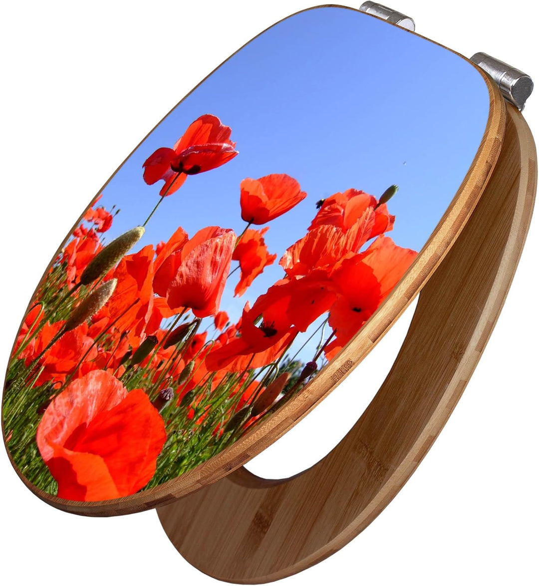 banjado® Design WC Sitz Bambus Absenkautomatik mit Motiv Mohnblumen/Toilettendeckel mit Absenkautoma