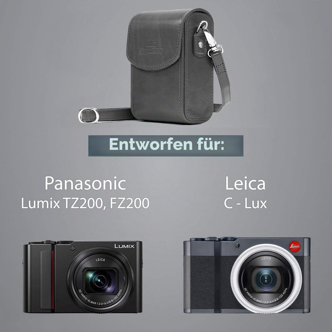 MegaGear MG1433 Panasonic Lumix DC-ZS200, TZ200, Leica C-Lux Leder Kameratasche mit Trageriemen, Gra