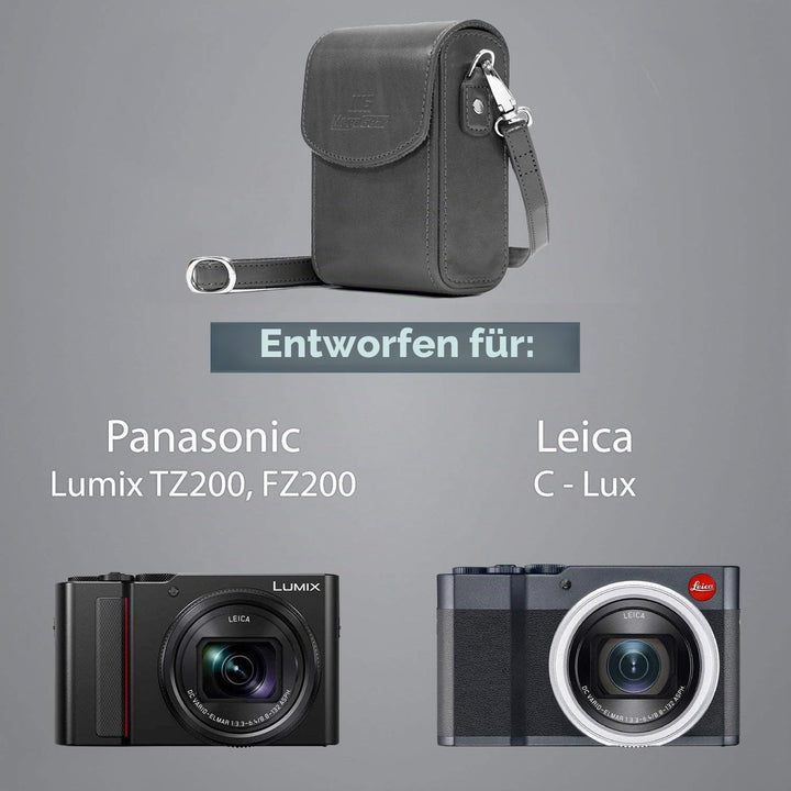 MegaGear MG1433 Panasonic Lumix DC-ZS200, TZ200, Leica C-Lux Leder Kameratasche mit Trageriemen, Gra