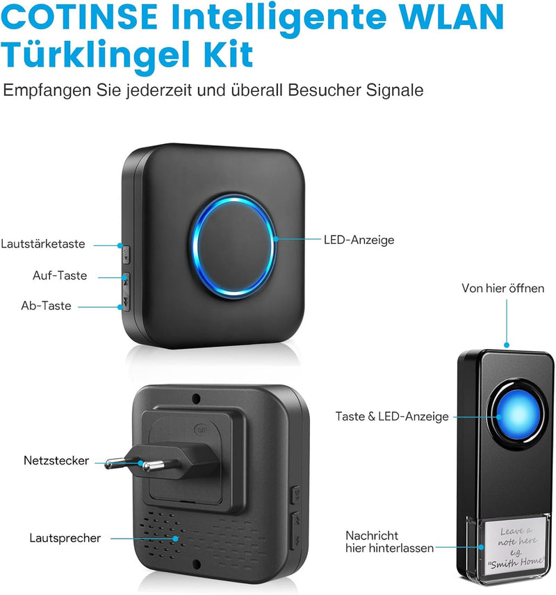 WiFi Türklingel Funk, Funkklingel Aussen Wasserdicht Kompatibel mit Smartphone App, 0-110dB Laute Kl