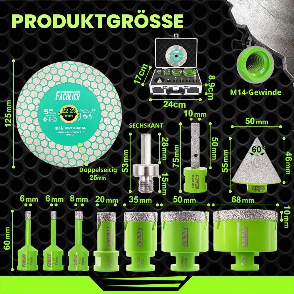 Diamant Fliesenbohrer Set M14-6/6/8/20/35/50/68mm Diamantbohrer Lochsäge für Fliesen Porzellan Keram