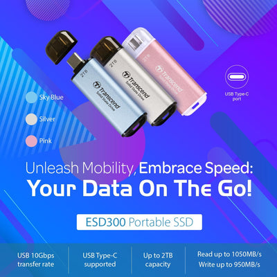 Transcend Portable SSD ESD300C 1TB USB Typ-C 10 Gbit/s PS4/PS5-kompatibel, Blau – TS1TESD300C
