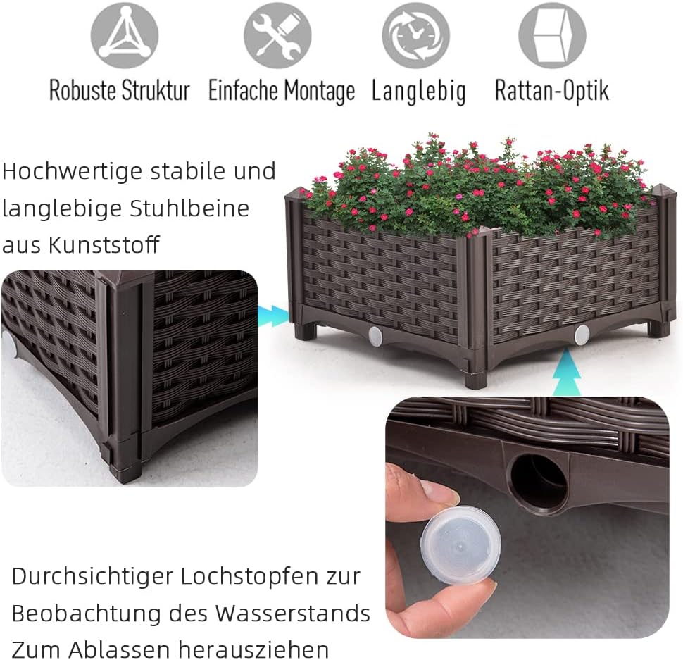 Mingone Blumentopf Rattan Optik aus Kunststoff Blumenkasten Balkonkasten mit Wasserspeicher Pflanzka