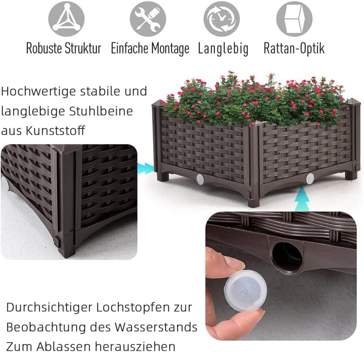 Mingone Blumentopf Rattan Optik aus Kunststoff Blumenkasten Balkonkasten mit Wasserspeicher Pflanzka
