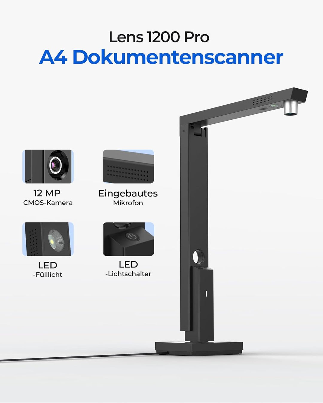 CZUR Lens Pro 12MP USB-DocumentenKamera und Visualizer, Faltbarer Dokumentenscanner mit OCR, Mobiler
