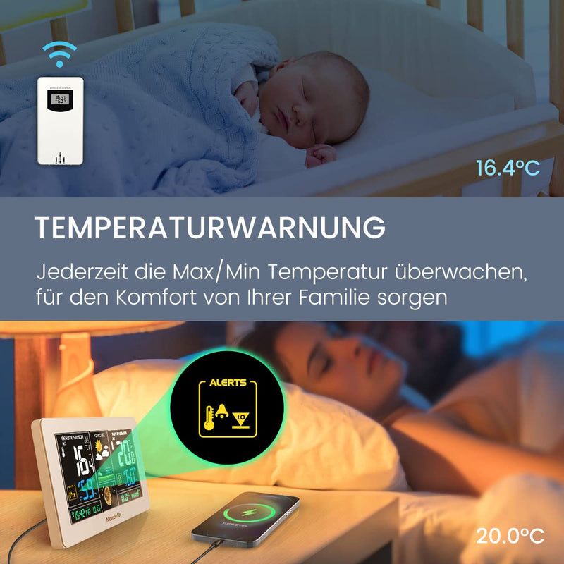 Newentor Wetterstation Funk mit Aussensensor - Funkwetterstation mit Wettervorhersage, Temperaturwar