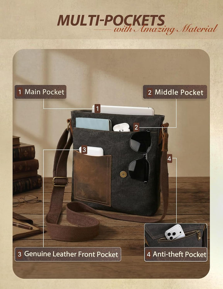 VASCHY Klein Umhängetasche Herren, Vintage Leinwand Herrentasche Echtes Leder Schultertasche Klassis