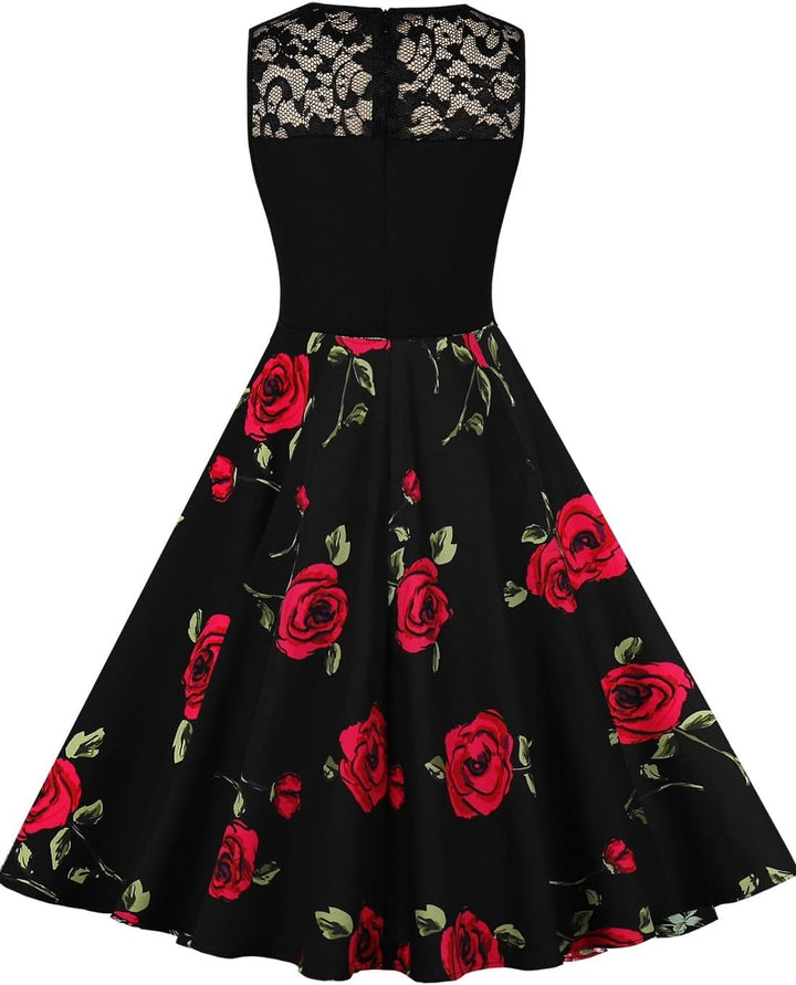 AXOE Damen Rockabilly Kleider 50er Jahre Vintage Blumenmuster S Farbe1b, S Farbe1b