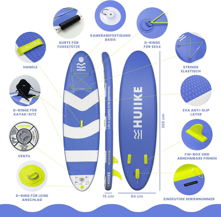 HUIIKE Stand Up Paddling Board mit Zubehör, Paddel, Finnen, Pumpe. Paddle Sup Board Aufblasbar Hohe