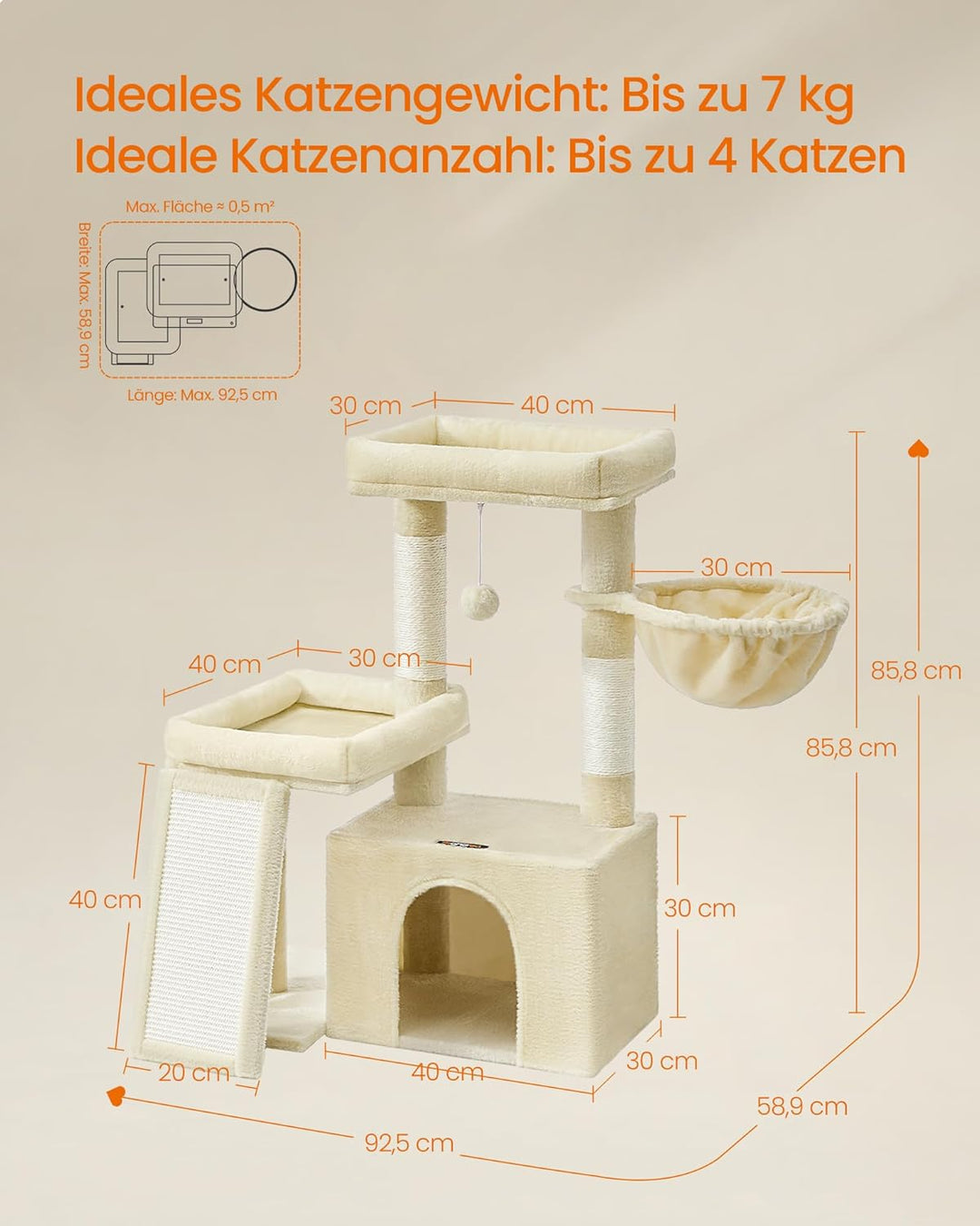 Feandrea Kratzbaum, Katzenbaum mit Kratzsäulen, Rampe, Katzenkratzbaum, 2 grosse Plattformen, Höhle