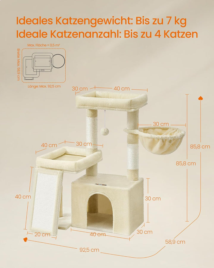 Feandrea Kratzbaum, Katzenbaum mit Kratzsäulen, Rampe, Katzenkratzbaum, 2 grosse Plattformen, Höhle
