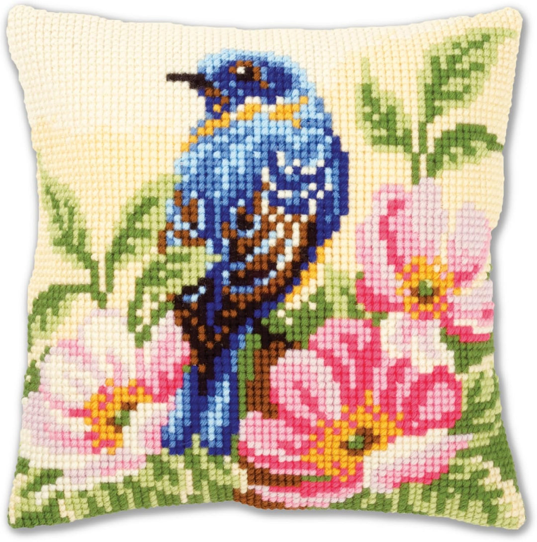 Vervaco Vogel auf Wilder Rose Kreuzstichkissen/Stickkissen vorgedruckt, Baumwolle, Mehrfarbig, 40 x
