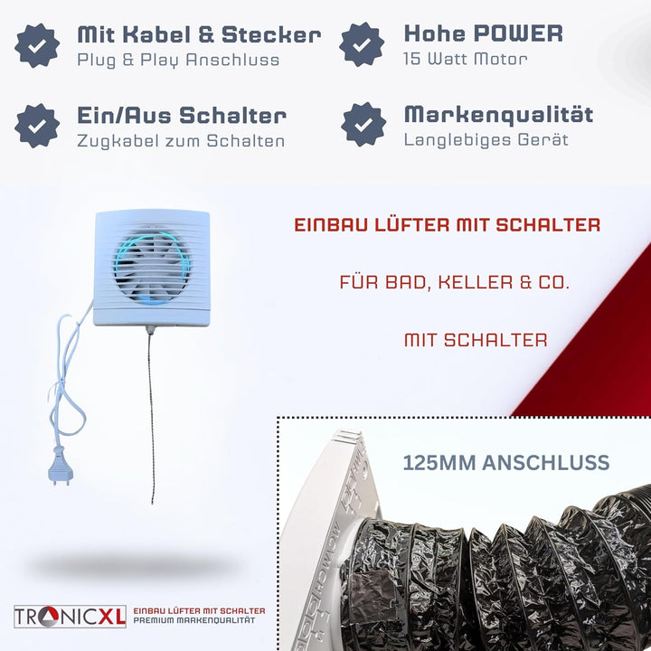 230V Badlüfter mit Kabel Schalter und Stecker IPX4 125mm Abluft/Zuluft Lüfter Ventilator mit Netzste