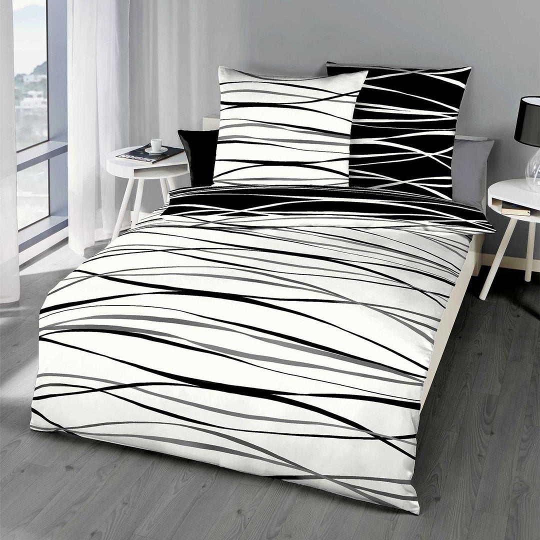 G BETTWARENSHOP Biber Bettwäsche Motion schwarz im modernen Stil aus 100% Baumwolle mit Reissverschl