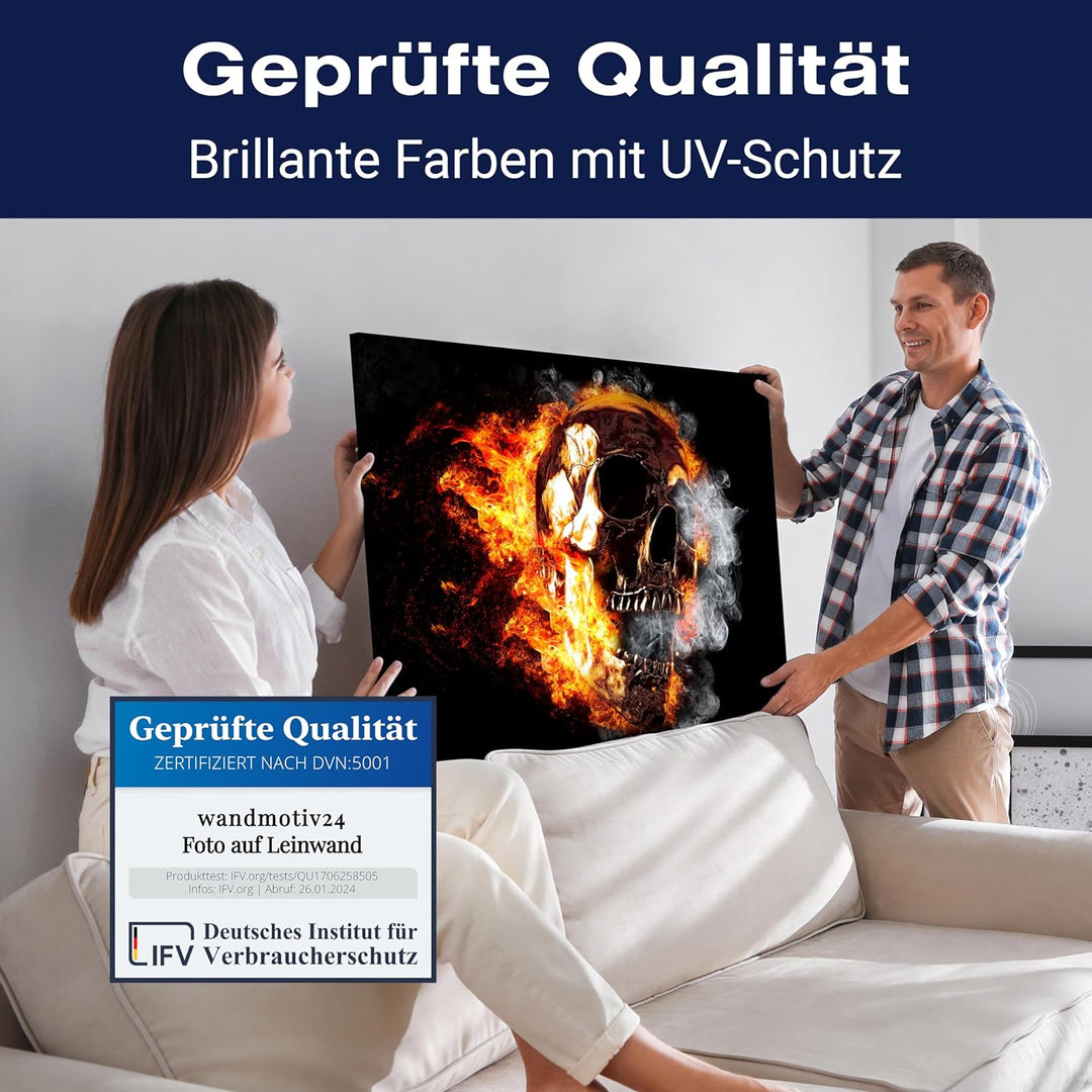 wandmotiv24 Leinwand-Bilder Totenköpfe, Grösse 60x45cm, Querformat, Totenkopf in Feuer & Flamme, Rau