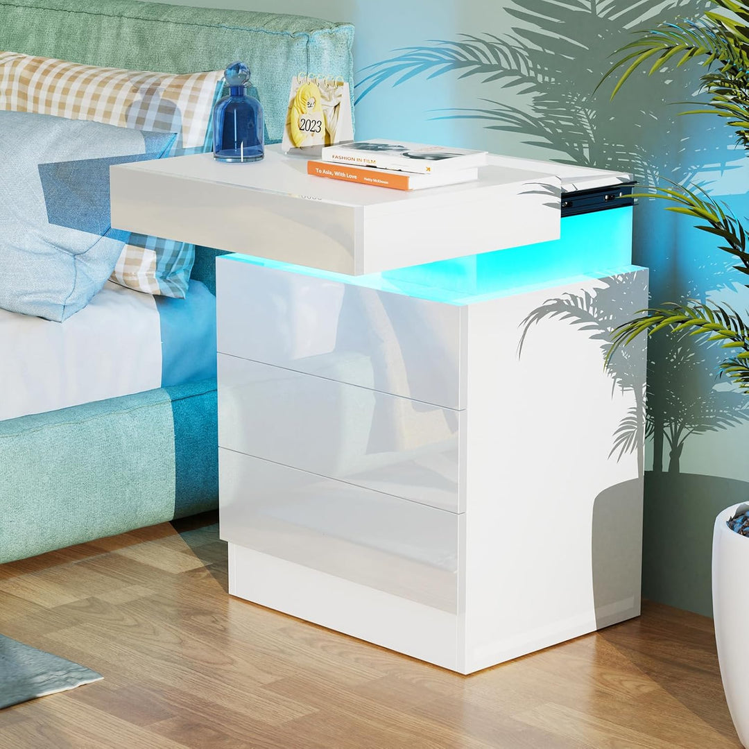 Lvhcmfohm Nachttisch Weiss mit Led, Nachtschrank, Nachtkommode mit 2 Schubladen und Schränke mit Kla