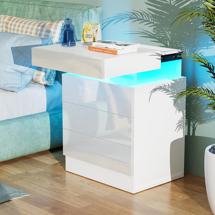 Lvhcmfohm Nachttisch Weiss mit Led, Nachtschrank, Nachtkommode mit 2 Schubladen und Schränke mit Kla