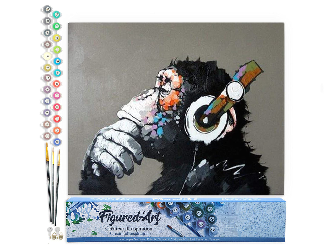 Figured'Art Malen Nach Zahlen Erwachsene Affe mit Kopfhörer - Paint by Numbers Basteln DIY Bastelset