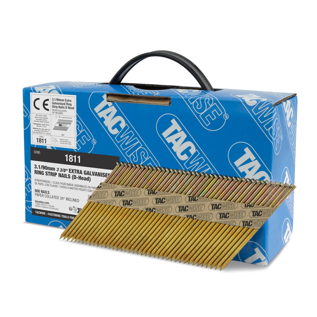 Tacwise 1811 Extra Verzinkte Rahmennägel 3,1/90 mm, D‘-Kopf, Ringschaft, mit 34° Neigung, Papiergebu