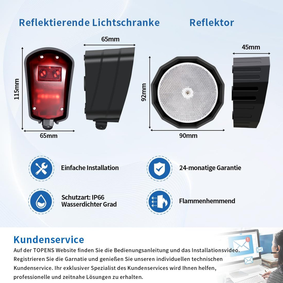 TOPENS TRF3 Reflexionslichtschranke Infrarot Sensorsystem Einfahrtssensor Lichtschranke mit Reflekto