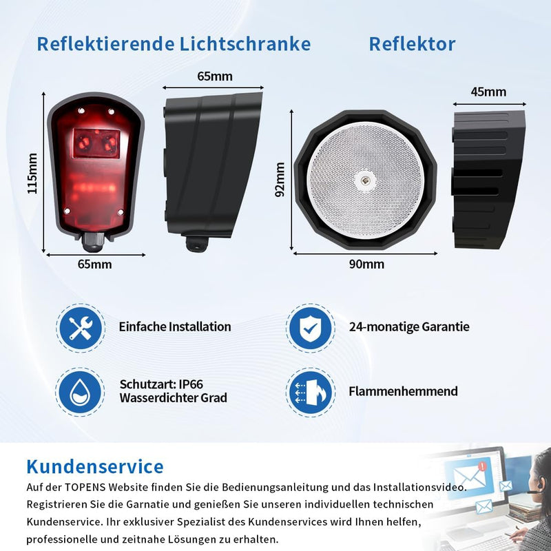 TOPENS TRF3 Reflexionslichtschranke Infrarot Sensorsystem Einfahrtssensor Lichtschranke mit Reflekto