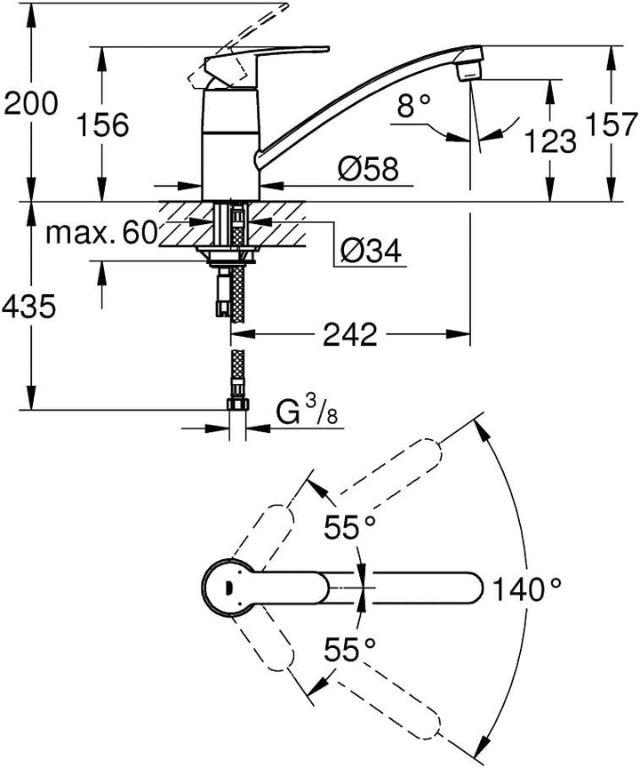GROHE Eurostyle Cosmopolitan - Spültischarmatur (flacher schwenkbarer Auslauf, Einlochmontage, langl